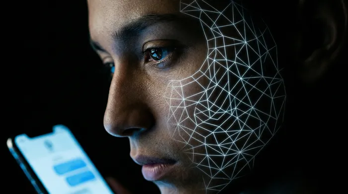 Ένα χέρι που κρατάει ένα smartphone, το οποίο εμφανίζει ένα εικονίδιο λουκέτου σε μια διεπαφή ανταλλαγής μηνυμάτων, περιτριγυρισμένο από ένα δίκτυο φωτεινών ψηφιακών συνδέσεων σε μαύρο φόντο, απεικονίζοντας την ασφάλεια των δεδομένων κινητής τηλεφωνίας.