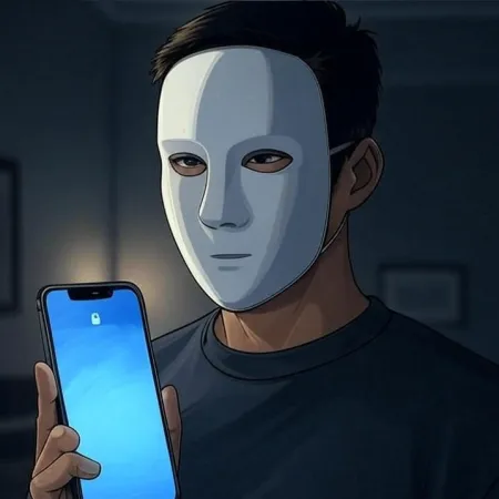 Άτομο με λευκή μάσκα που κρατάει ένα smartphone με την οθόνη κλειδώματος αναμμένη.